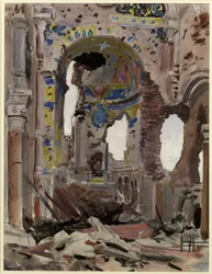 Ausgebombtes Inneres der Albert-Kirche, 1918